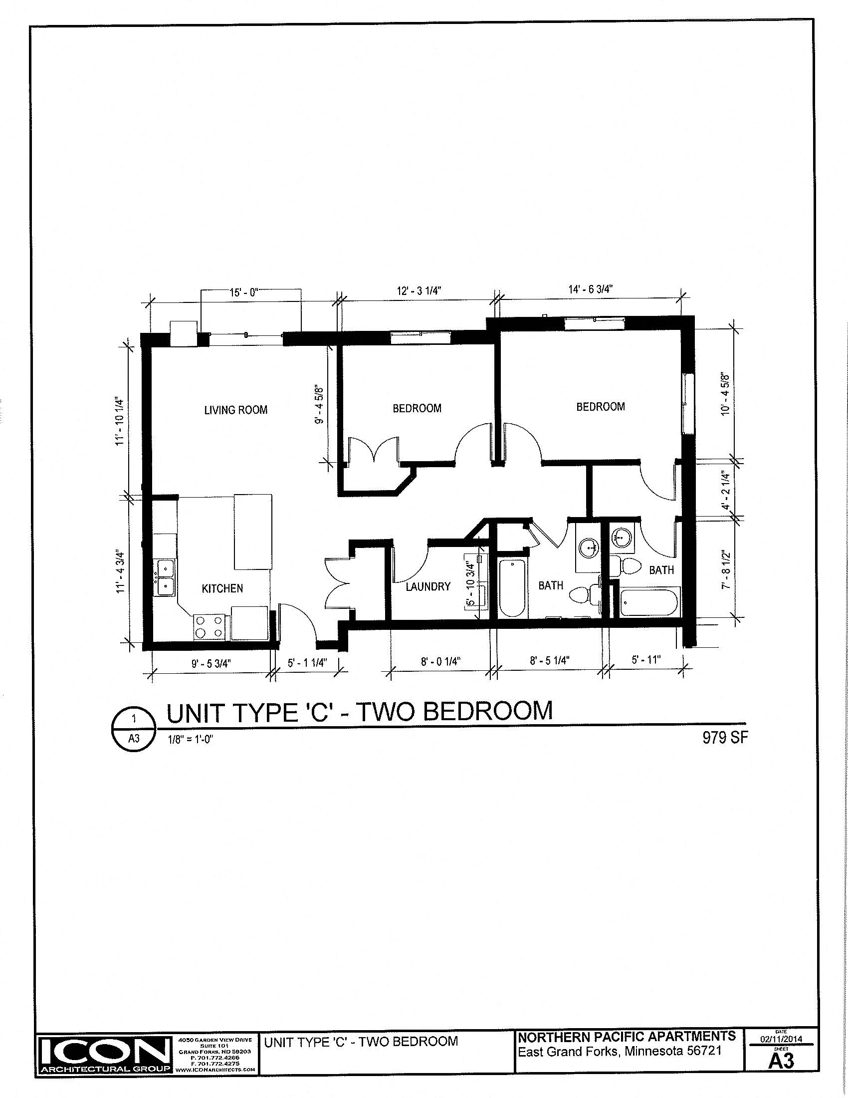 Floor plan for 2 beds, 2 baths, 979 sqft